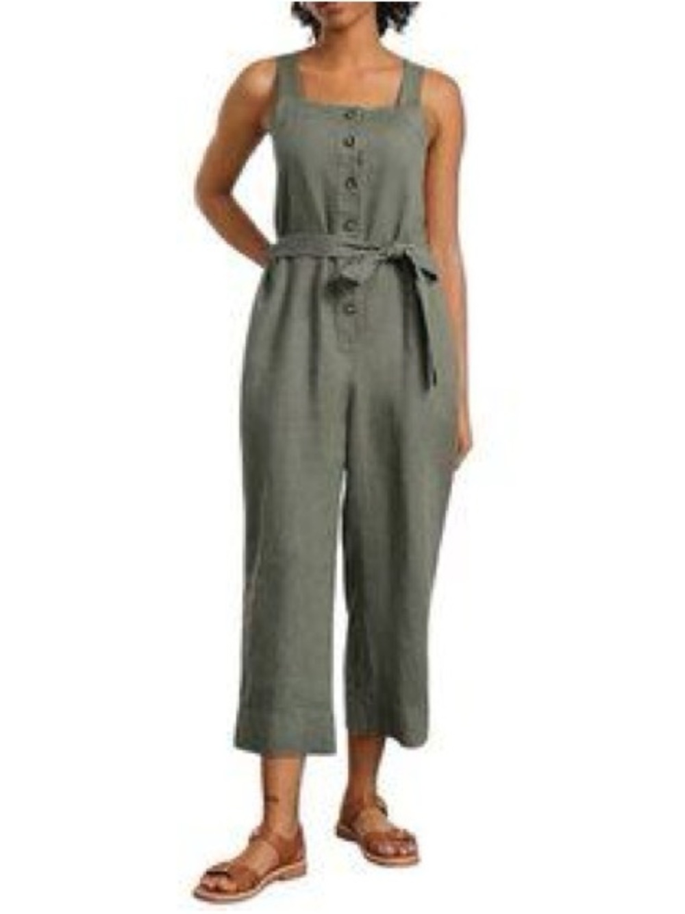 Everlane Womens Size 10 Olive Green Linen Jumpsuit With Button Front & Waist Tie